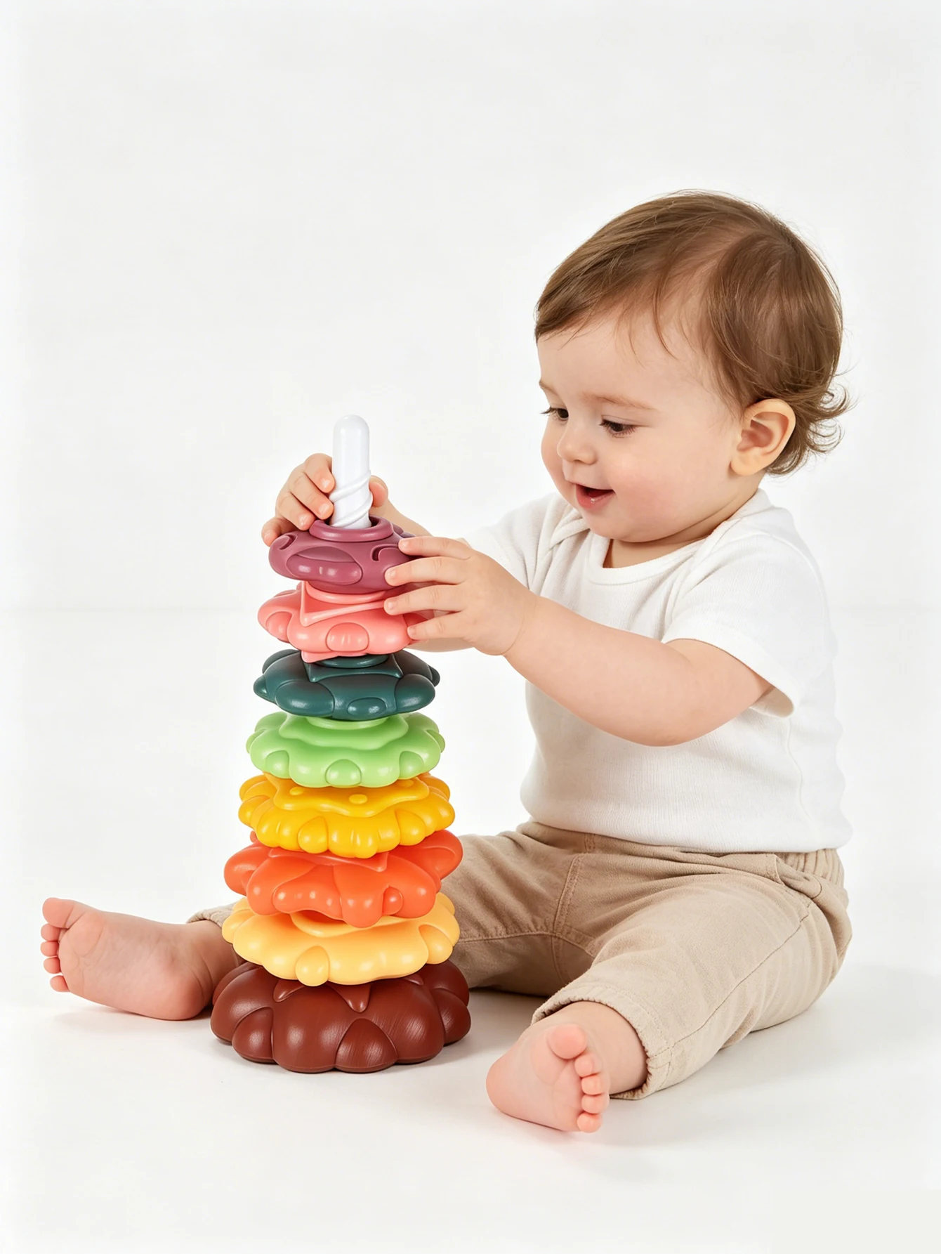 Torre Arcoíris Giratoria Montessori, Juguetes de Apilamiento para Bebés, Juguetes Infantiles de Colores Seguros y Ecológicos