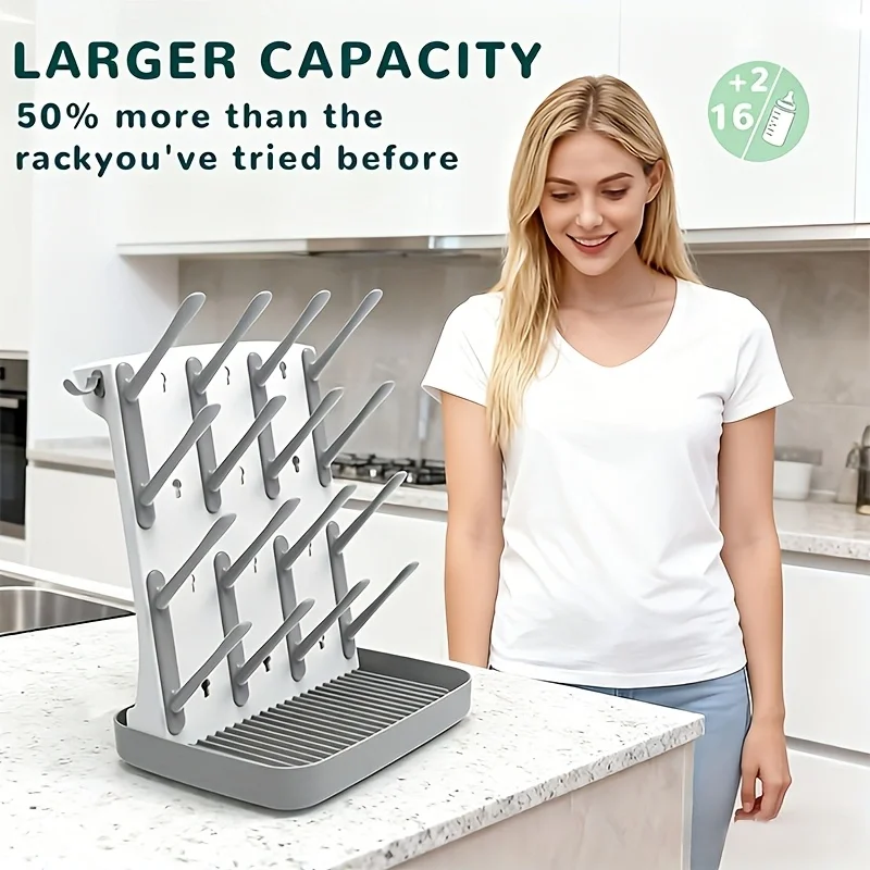 Estante vertical para secar botellas, secador vertical con 18 ganchos, organizador de cocina que ahorra espacio para botellas, cepillos y piezas de bomba, 1 unidad