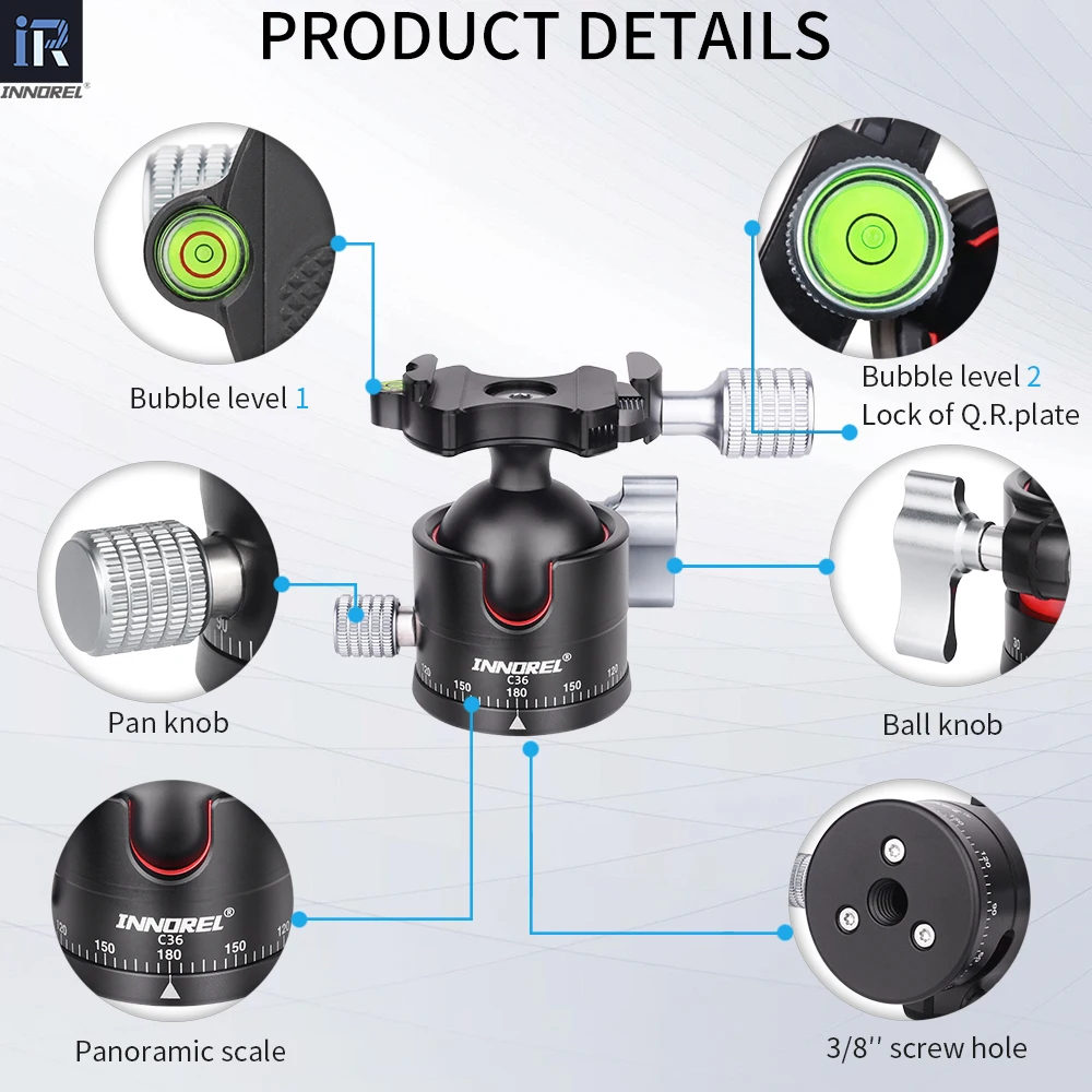 INNOREL C36 Cabeza de bola de perfil bajo 360 °   Cabezal de trípode para cámara panorámica, diámetro 36mm, para monopié, cámaras DSLR, carga de videocámara 16kg