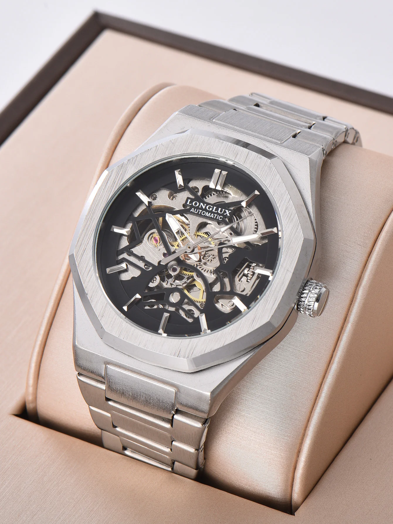 Reloj Automático LONGLUX para Hombre, Reloj Mecánico Esqueleto Resistente al Agua, Diseño Alienígena, Acero Inoxidable, Regalo