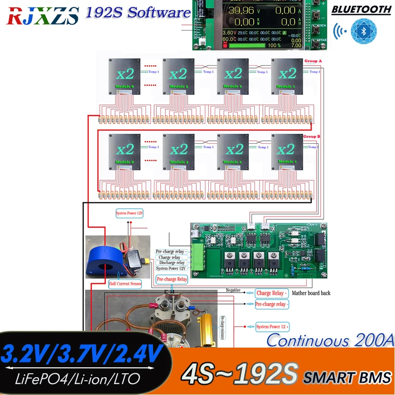 4S-192S 200A Smart YL DIY BMS LiFePO4 Li-ion LTO con relé Compatible con Bluetooth APP Monitor pantalla LCD de energía Solar