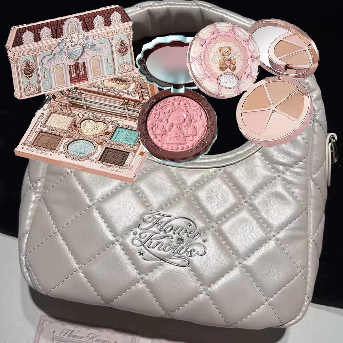 Set de Maquillaje Flower Knows Swan Ballet, Paleta de Corrector, Colorete en Relieve, Kit de Brillo Labial con Bolsa THE SWEETIE BEAR Bunny Garden