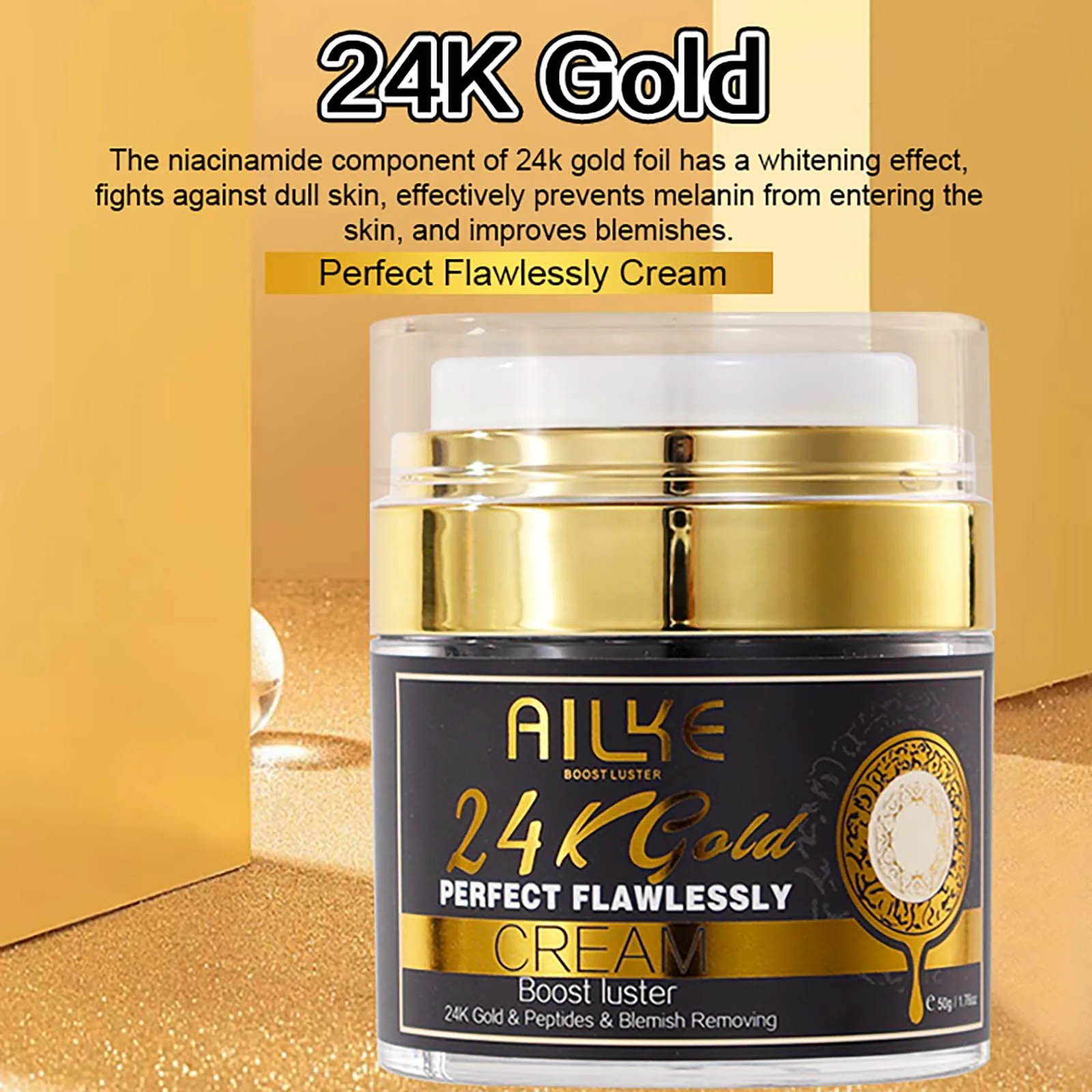 AILKE 24k Gold Crema facial perfecta y impecable, blanqueadora, reduce las manchas oscuras, la melanina, mejora la piel opaca, con vitamina de glutatión