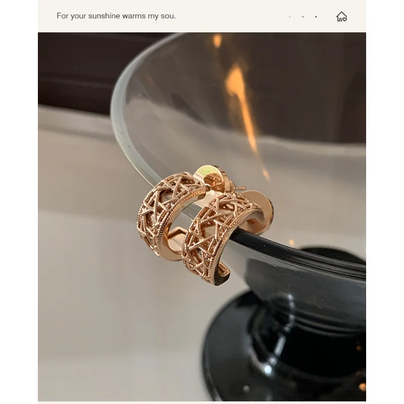 Pendientes redondos con hexagrama en oro rosa para mujer, chapados en oro de 18 quilates, pendientes de primera calidad, regalo de joyería de estilo vintage de lujo ligero