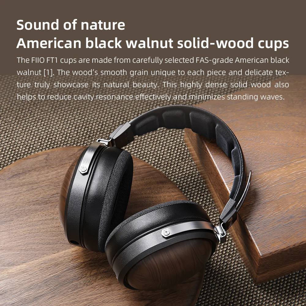 FiiO FT1-Nueva versión auriculares Hi-Fi con cable de diafragma compuesto de fibra cerrada, orejeras de nogal americano para estudio