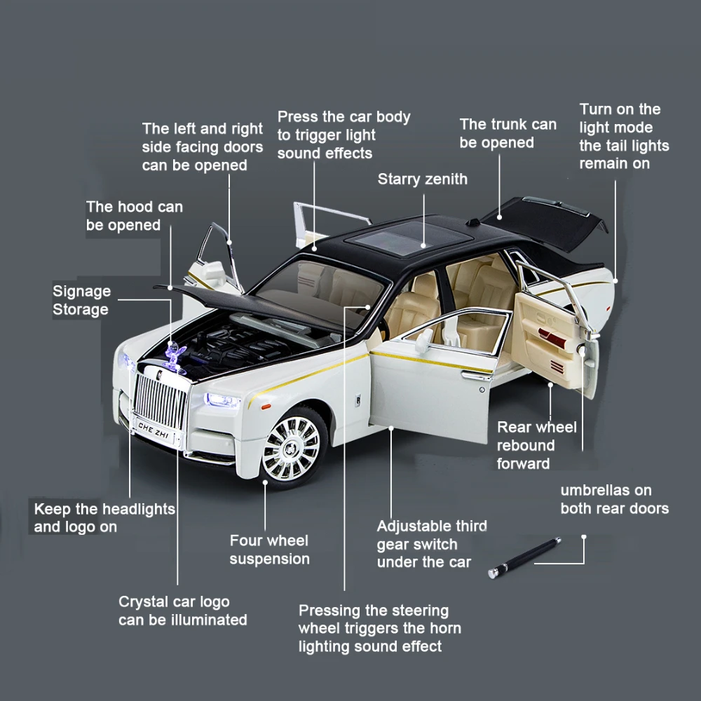 1/24 Rolls Royce Phantom coches de juguete fundidos a presión modelo simulado Pull Back limusina aleación de Zinc coche de juguete de Metal para niños colección de regalos