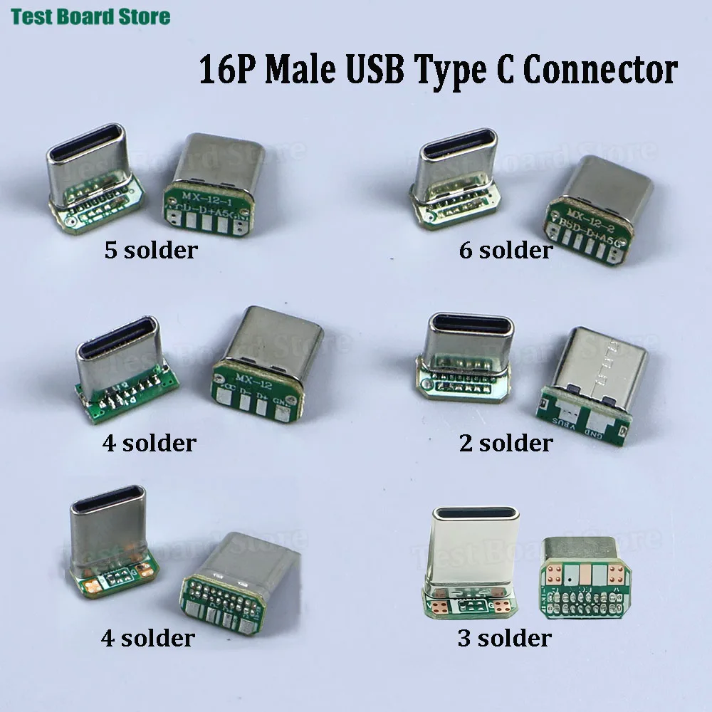 2/5/10PCS Conector USB Tipo-C Macho de 16 Pines Vertical para Carga y Datos con Placa PCB de Soldadura 2/3/4/5/6, Cabeza Macho USB C de 16 Pines