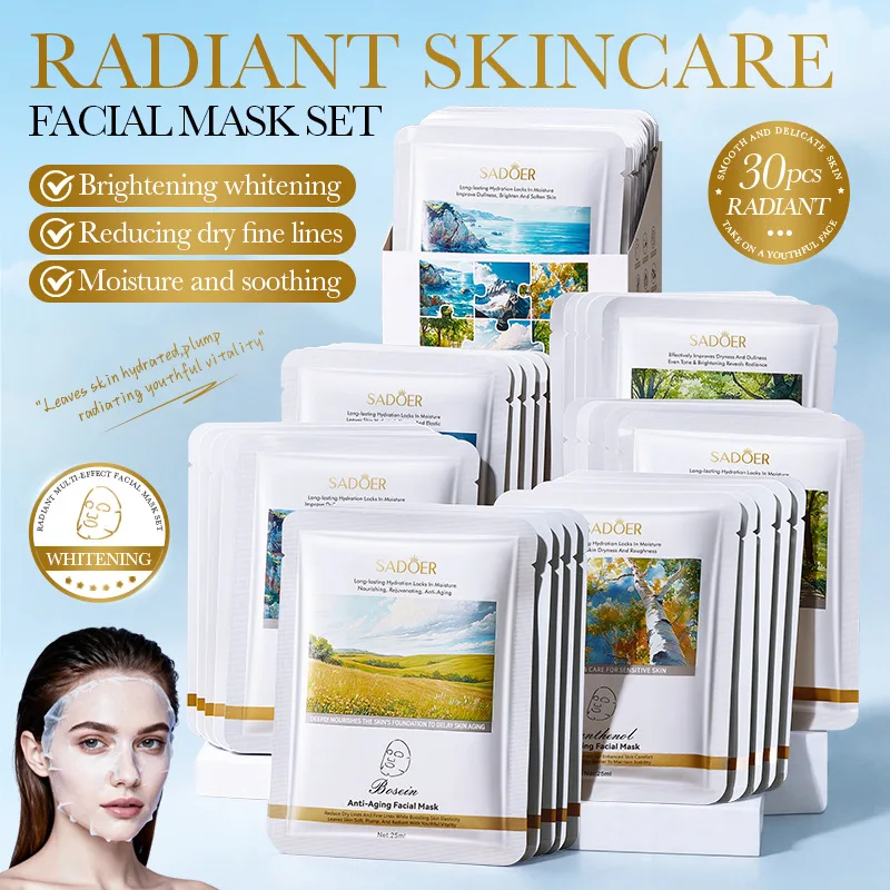 Paquete de 30 mascarillas faciales SADOER con múltiples ingredientes, parches de mascarilla facial con seis fórmulas de esencia suave SADOER, mascarillas hidratantes de un solo uso para reponer la humedad para todo tipo de piel
