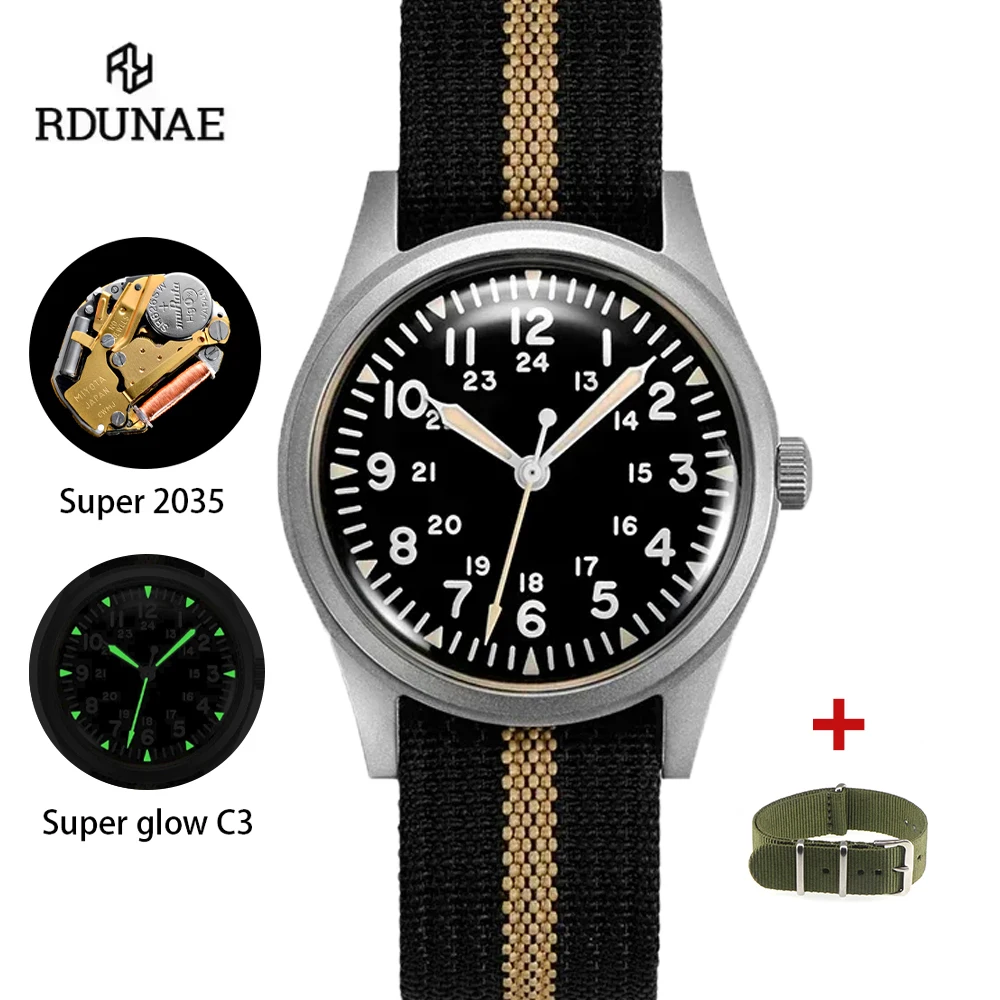 2025 nuevo RDUNAE RA03 34.5mm militar hombres reloj de cuarzo Vintage G10 Miyota 2035 relojes K1 cristal Mineral reloj de pulsera de acero inoxidable
