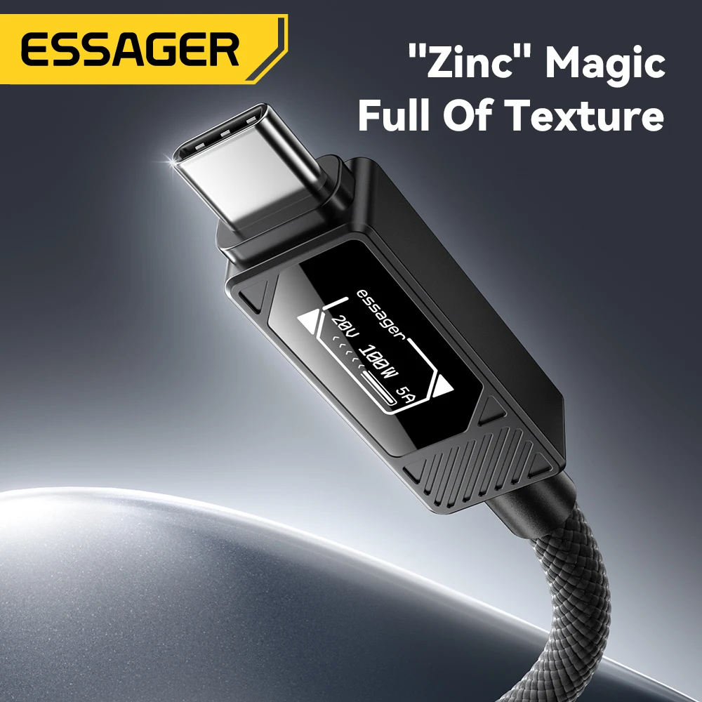 ESSAGER 100W Cable tipo C a C con pantalla Digital PD Cable de carga rápida para MacBook Pro/Air iPhone 16/15/14 iPad Cable USB C