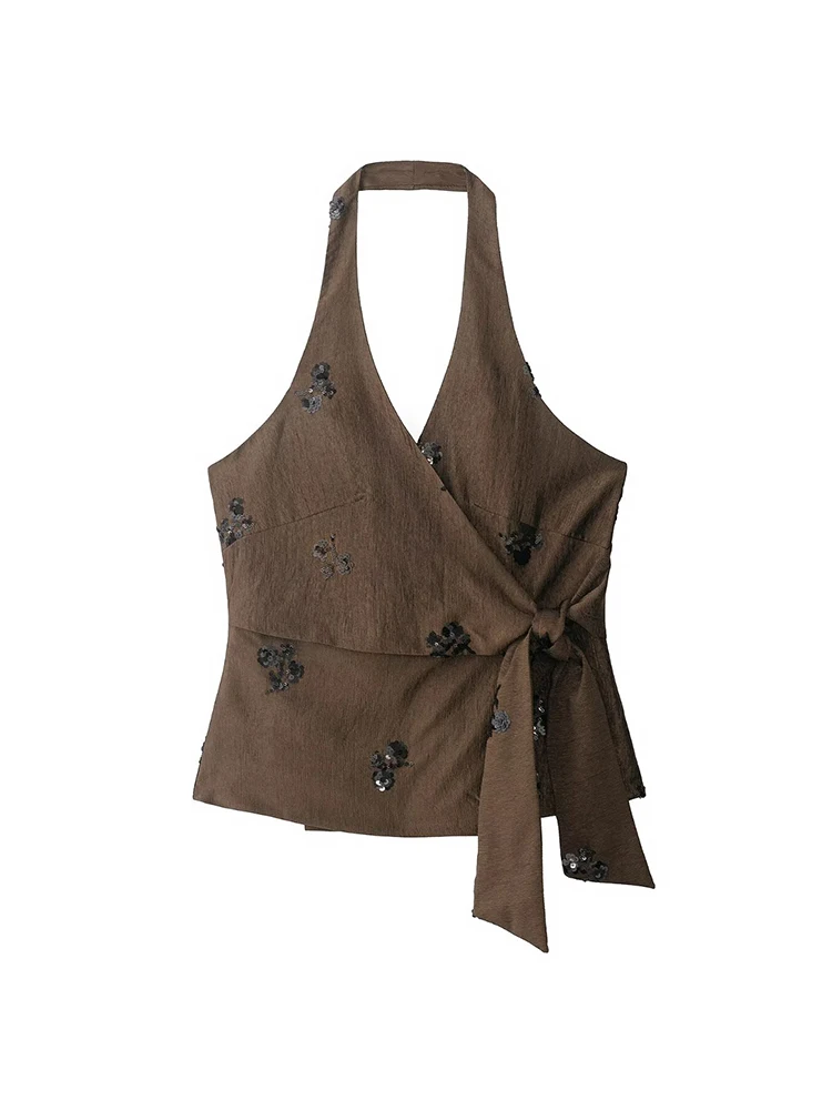TFMLN Nuevo Conjunto de Pantalones con Lentejuelas para Mujer, Top Sexy con Cuello Halter y Pantalones Anchos de Pierna, Conjunto de Dos Piezas, Moda de Verano 2026, Atuendo para Vacaciones