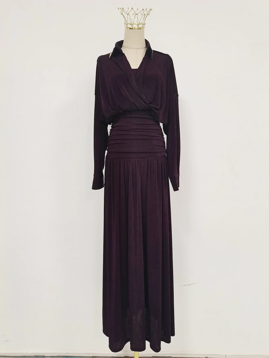 TWOTWINSTYLE, vestidos lisos con pliegues empalmados y sentido del diseño para mujer, Túnica de manga larga con solapa, vestido falso de dos piezas a la moda para mujer
