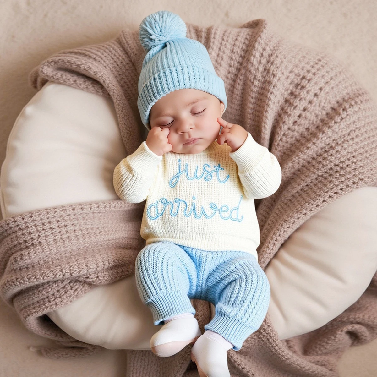 Ylsteed - Conjunto de 3 Piezas de Ropa de Punto para Fotografía de Recién Nacidos, Bordado 'Just Arrived', Color Caqui, Suéter para Bebé, Regalo para Baby Shower