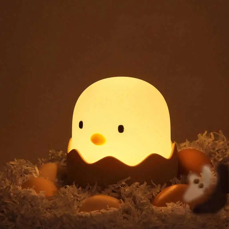 Luz nocturna de pollo de cáscara de huevo, luz LED de dibujos animados para dormitorio, luz ajustable táctil, luz cálida recargable, luz de ambiente