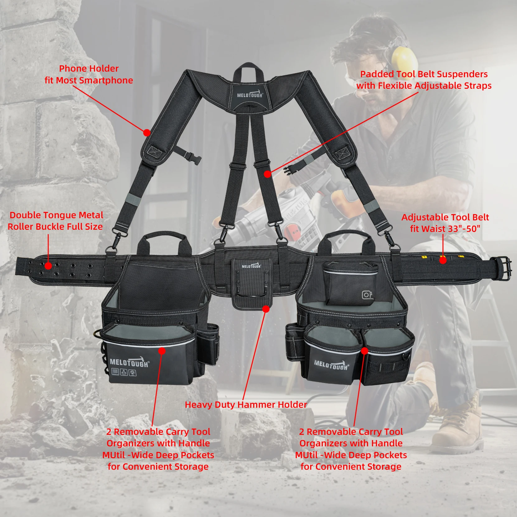 Cinturón de herramientas de carpintero con tirantes, organizador combinado de cinturón de herramientas profesional con bolsa de herramientas, tirantes con 32 bolsillos y bucles