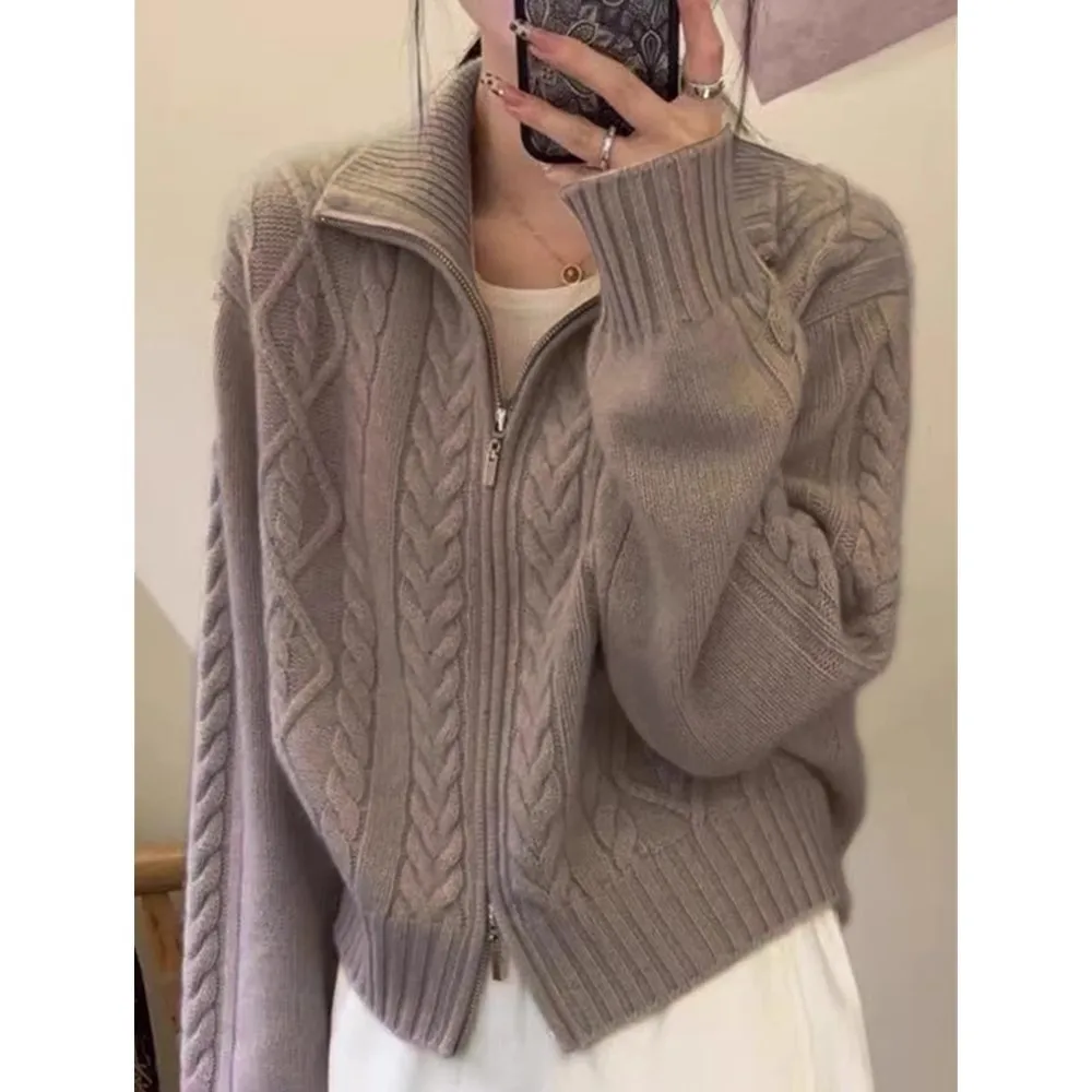 Cárdigan 100% de Cachemira para mujer, suéter suelto y suave de cuello alto para otoño e invierno, suéter tejido de lana, abrigo grueso