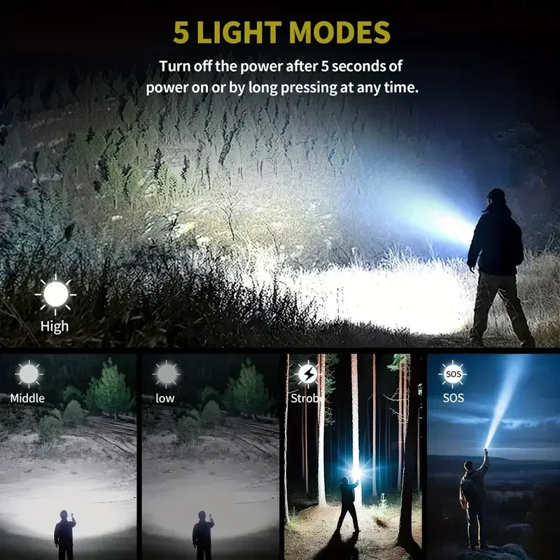 Combo de linterna, encendedor y banco de energía, recargable, haz súper brillante con zoom, linterna de 5 modos para emergencias de acampada al aire libre