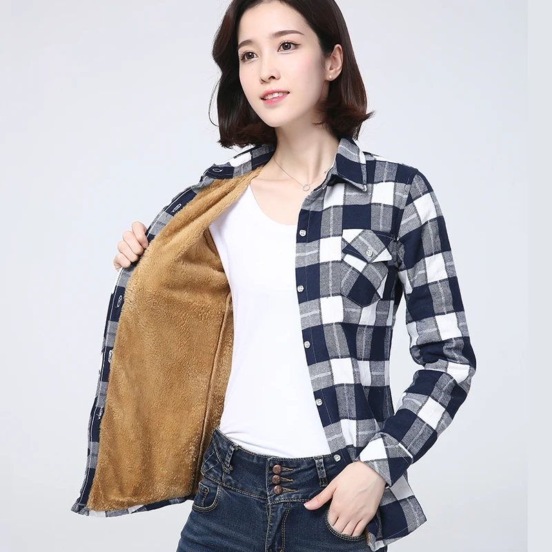 2025 invierno nueva camisa a cuadros cálida para mujer abrigo Casual polar terciopelo más chaqueta gruesa Tops estilo universitario ropa de mujer prendas de vestir exteriores