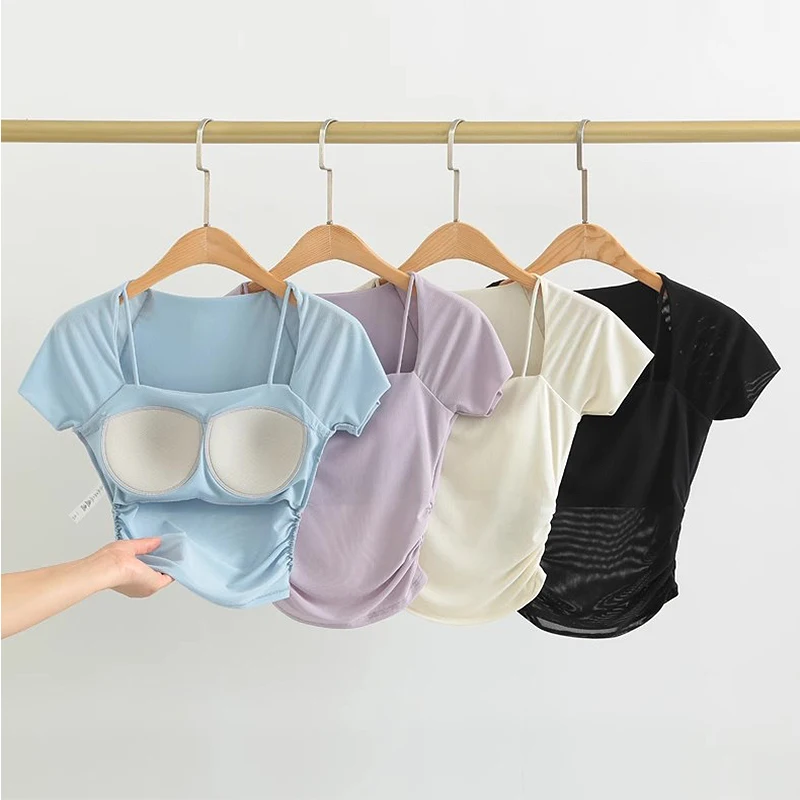 Camisas de Yoga acolchadas para mujer, Top corto deportivo de manga corta, camiseta de entrenamiento para Fitness, medias recortadas sexis para correr, ropa de gimnasio