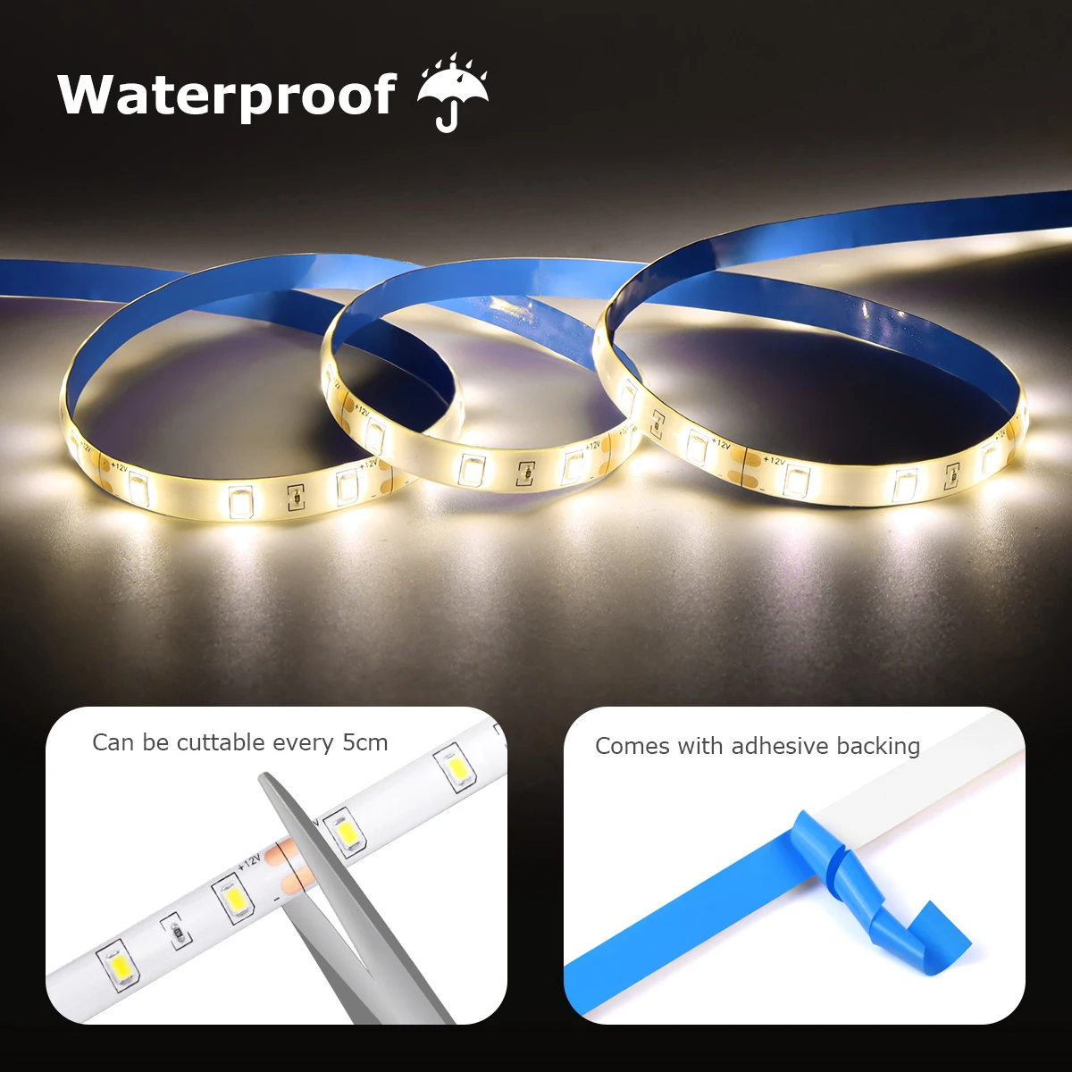 Tira de LED 2835 Impermeable con Adaptador de Corriente de 110V 220V a 12V para UE y EE. UU., Interruptor con Sensor de Movimiento PIR, Luz LED para Debajo del Gabinete
