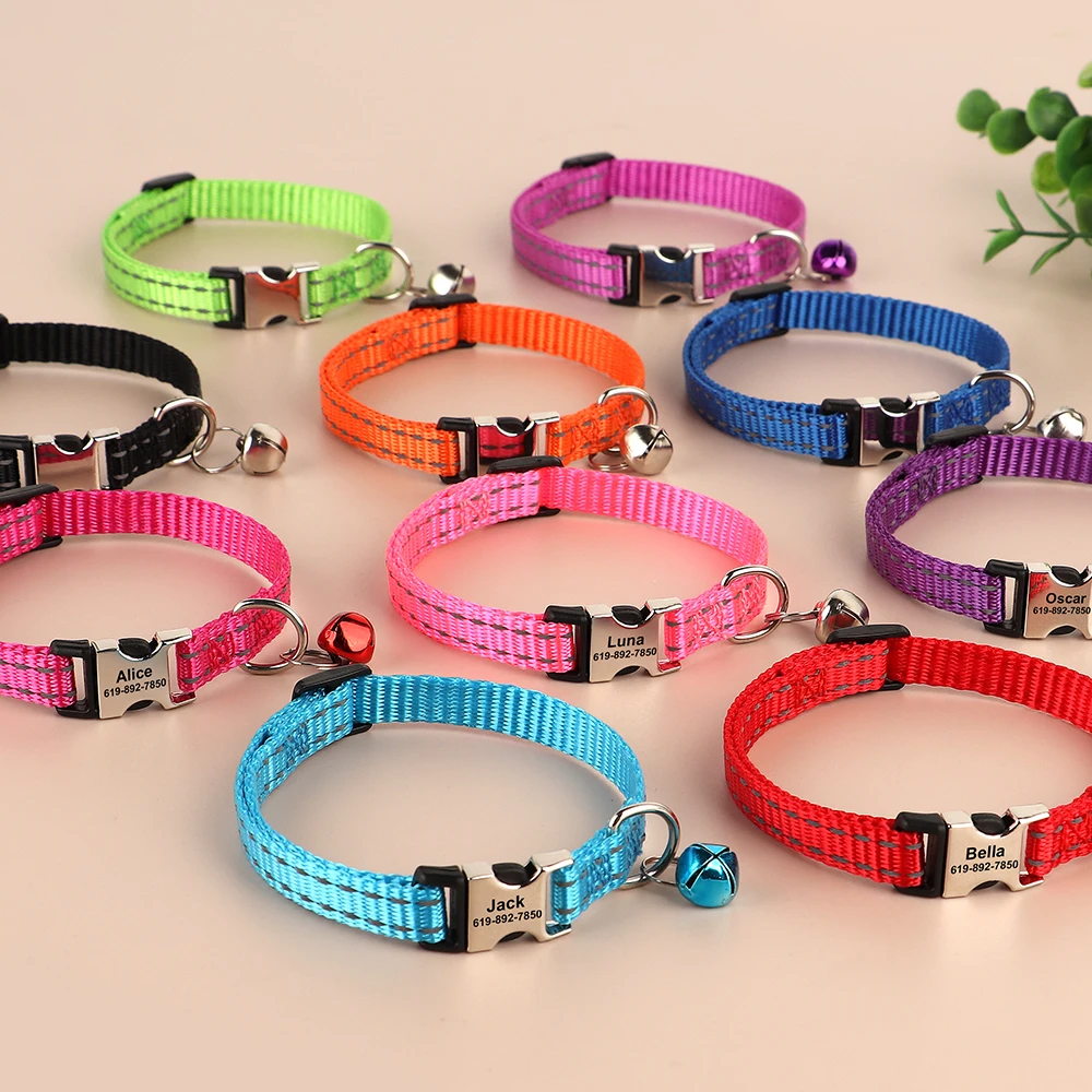 Collar de gato personalizado grabado, collares reflectantes para cachorros y gatitos con campana, accesorios personalizados para mascotas, 1cm de ancho