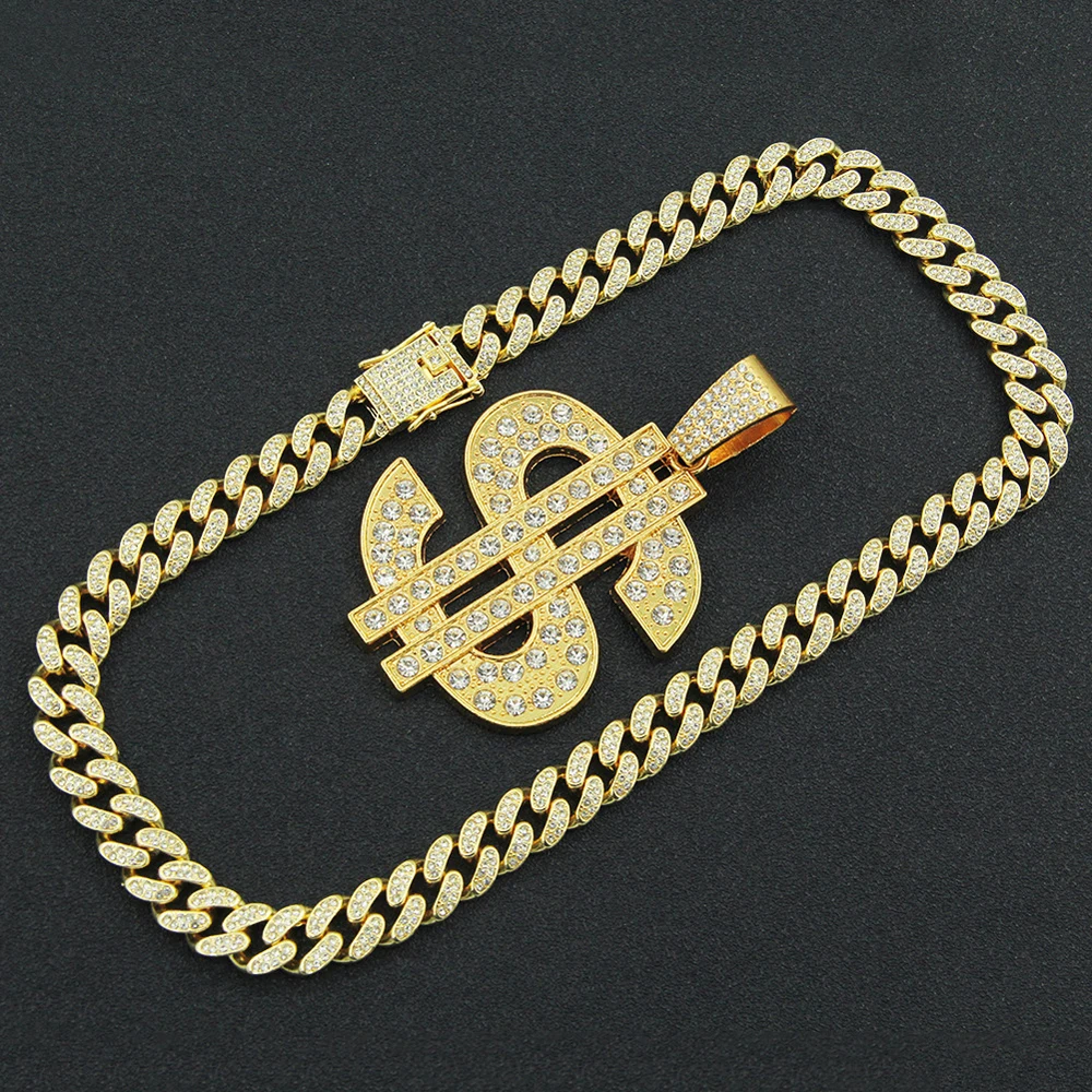 Collar con colgante de dólar de Hip Hop a la moda con cadena cubana de 13mm, collares con signo de dinero de dólar estadounidense, joyería Punk de Rap Rock para regalo de hombre