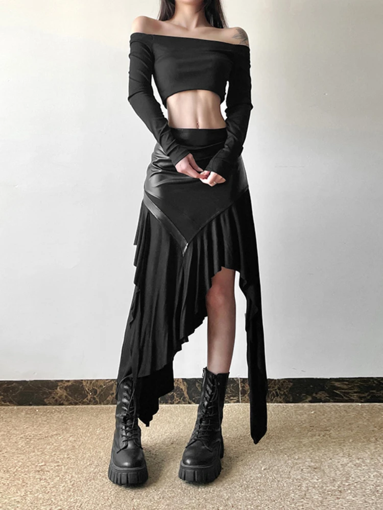 AltGoth-falda Harajuku Cyber Punk para mujer, ropa de calle gótica de Academia oscura, nueva moda Y2k, falda Irregular de cintura alta de retazos de Pu