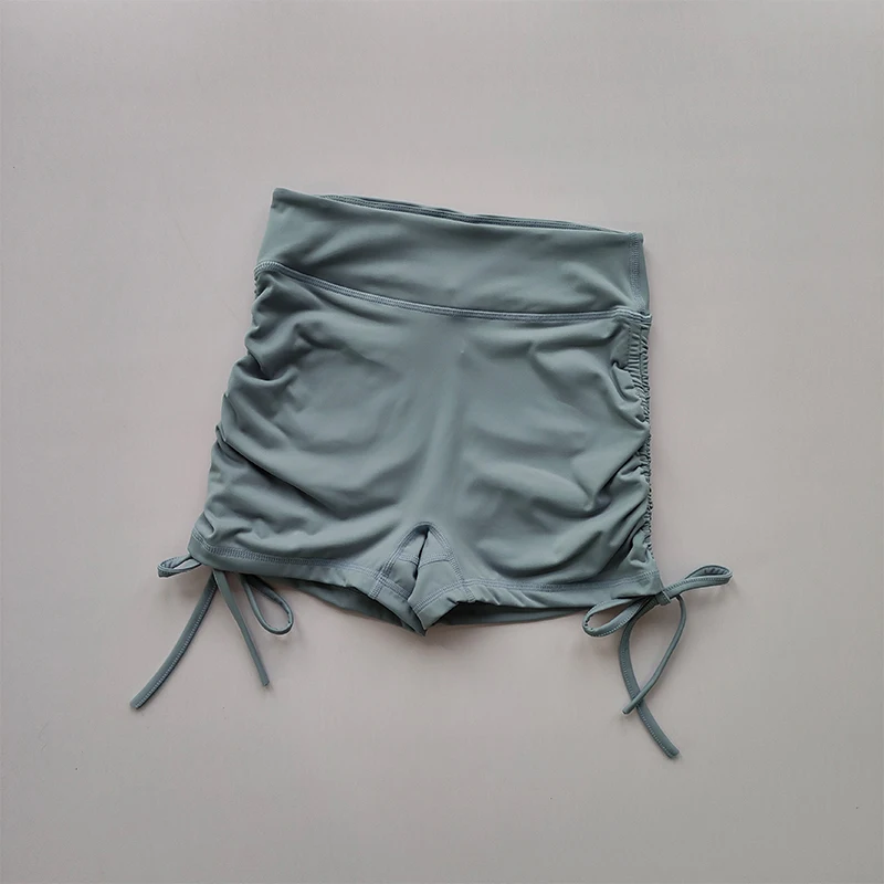 Pantalones cortos deportivos sexis de cintura alta con correas con cordón, pantalones de tres piezas para correr de secado rápido, pantalones deportivos para glúteos color melocotón para mujer