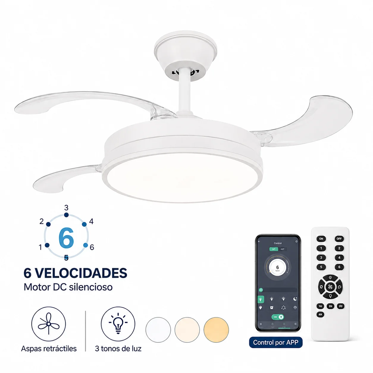 Ventilador de techo retráctil con luz LED integrada, motor DC silencioso y control remoto, 6 velocidades con iluminación CCT regulable para salón dormitorio comedor, ventilador moderno 2 en 1 de bajo consumo y diseño elegante