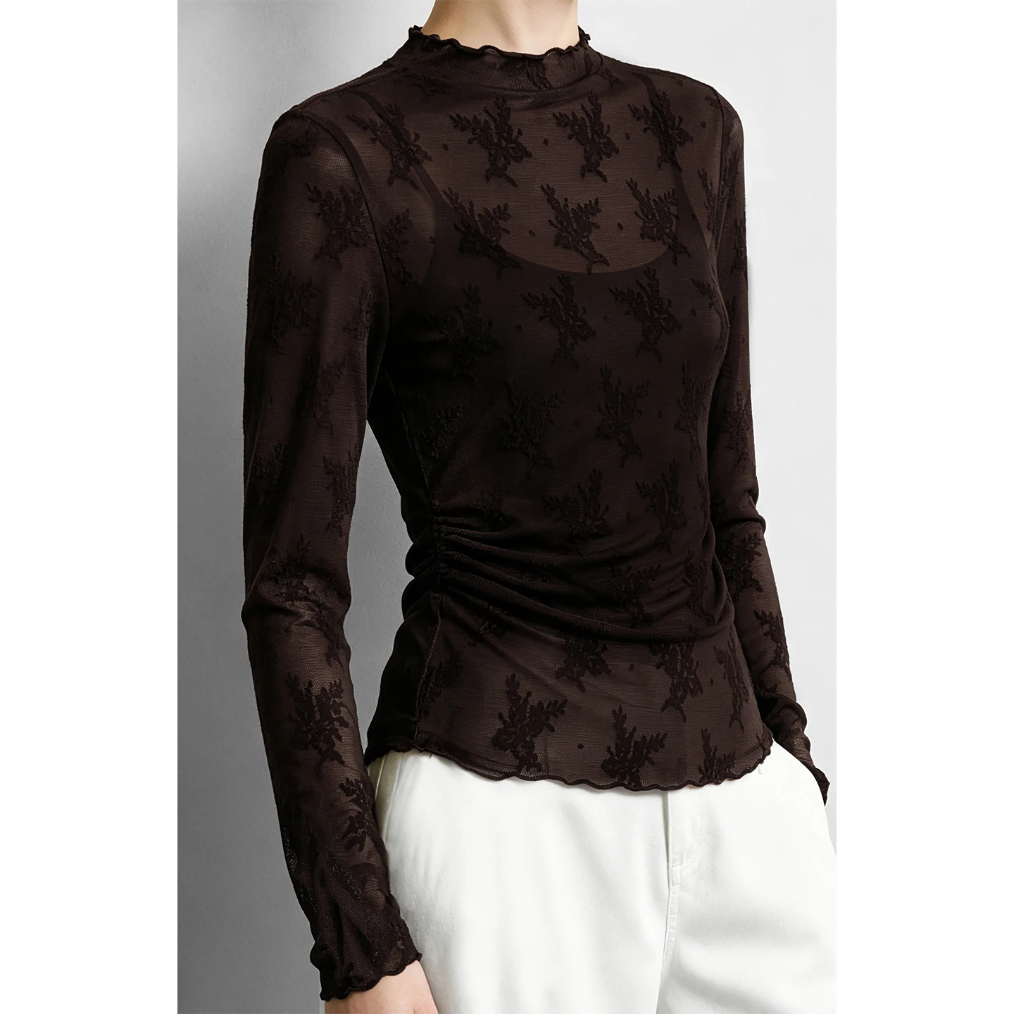 Camisetas de Mujer Amii con Cuello Alto, Otoño 2026, Manga Larga, Jacquard, Encaje, Tejido de Punto, Tops Elegantes y Ajustados para el Trabajo, Ropa de Mujer 12623032