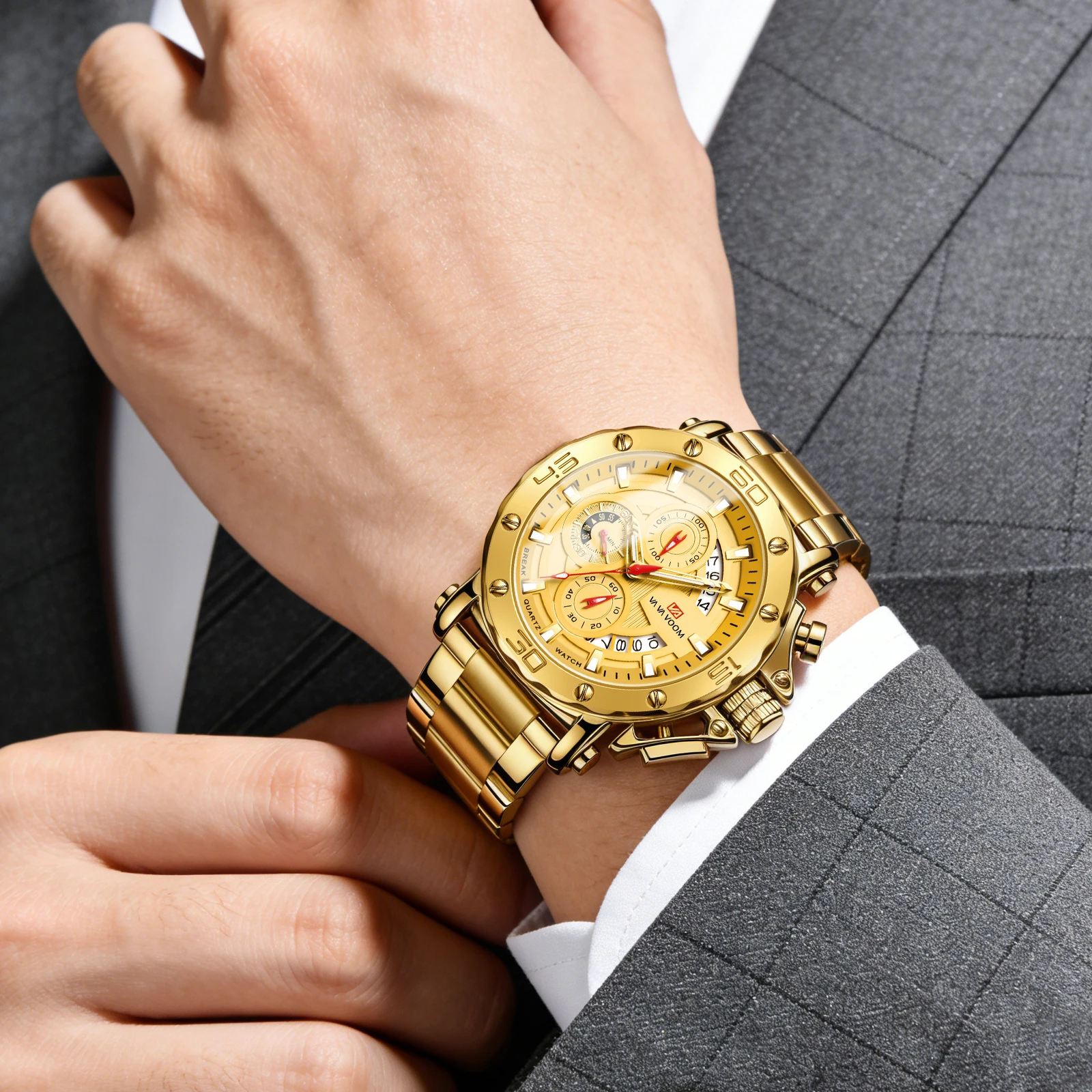 Reloj Deportivo Multifuncional para Hombre, 46 mm, Correa de Acero Inoxidable Plateada, Esfera Luminosa de Moda, Reloj de Cuarzo Resistente al Agua para Hombre