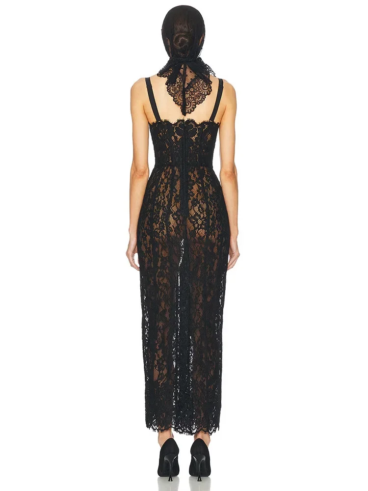 Vestido largo sexi de encaje con cuello cuadrado y tirantes finos para mujer, vestidos ajustados sin mangas de encaje Floral negro, vestidos elegantes de noche para celebridades