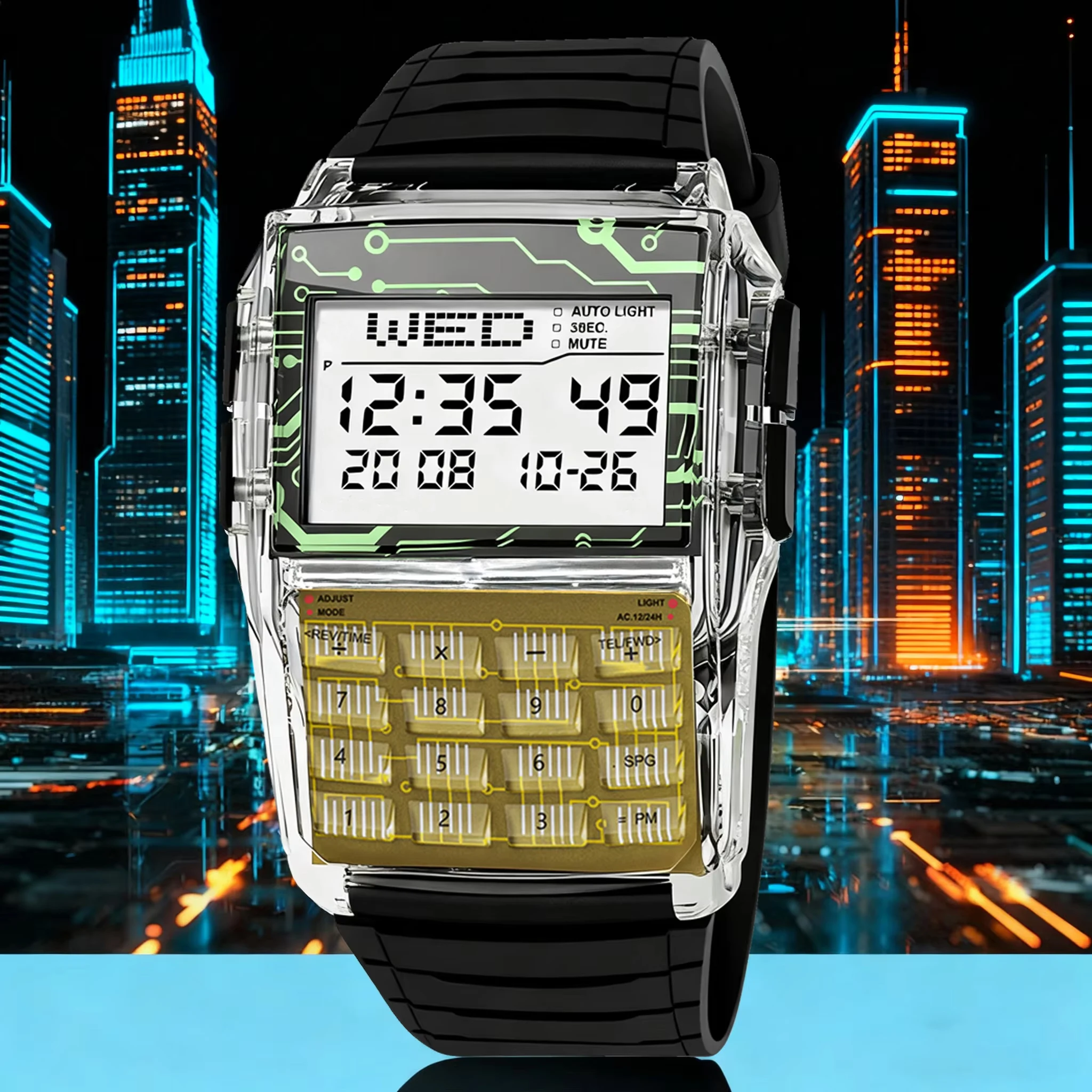 Reloj de plástico con caja transparente para hombre, reloj con calculadora multifunción, reloj LED luminoso, reloj de lujo para hombre, estilo ordenador