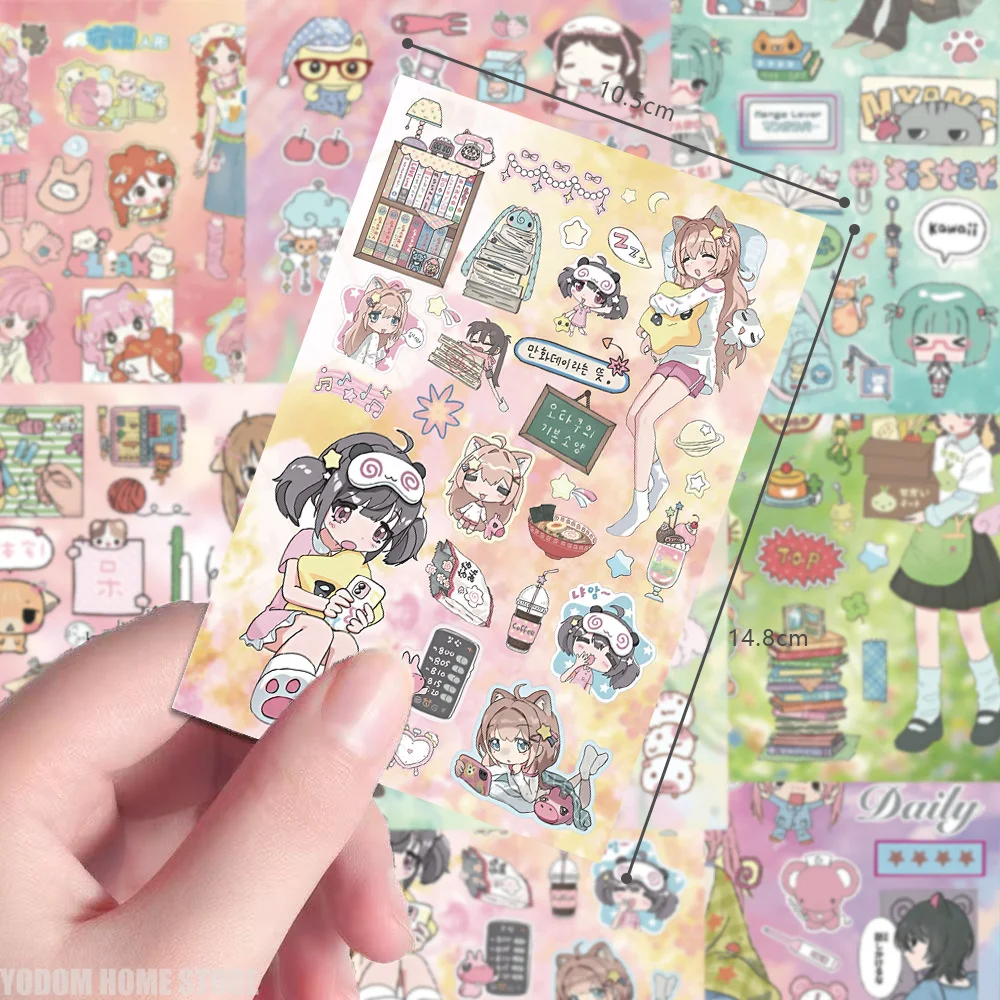 8 Hojas de Adhesivos con Dibujos Animados de Chicas Anime para Manualidades, Suministros de Scrapbooking, Material Kawaii