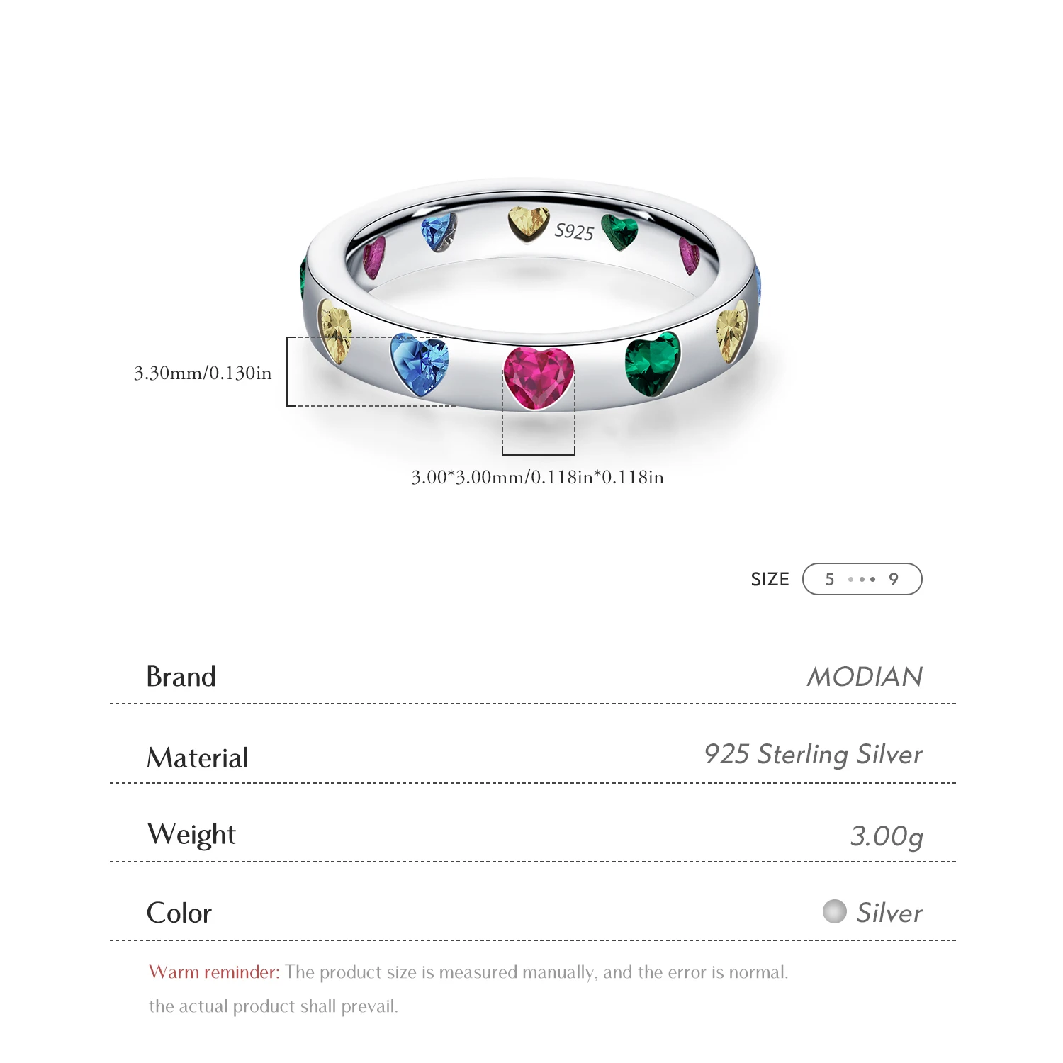 MODIAN Plata de Ley 925 dulce romántico colorido circón corazón apilable eternidad banda anillos de moda para mujeres joyería fina