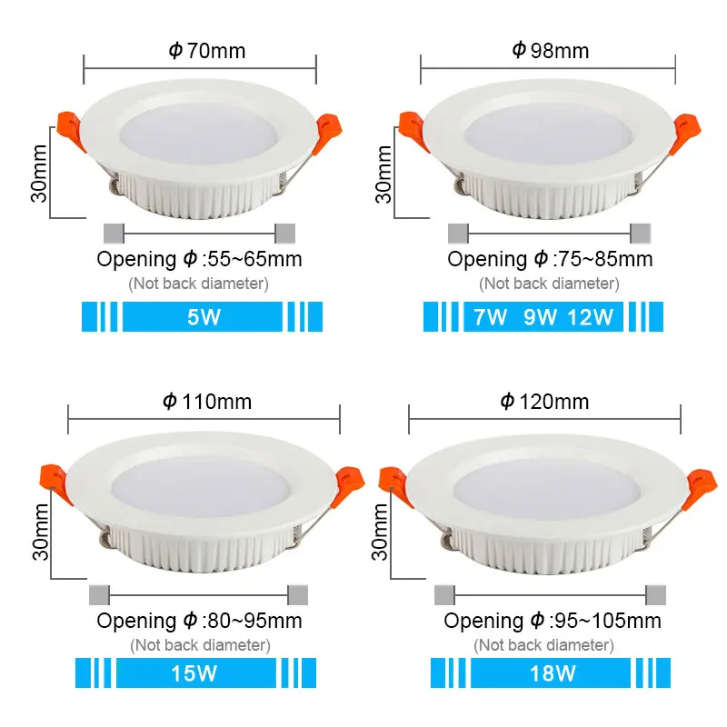 6 uds AC220V LED Downlight de aluminio grueso 5W 7W 9W 12W 15W 18W 110V iluminación empotrable para dormitorio cocina lámpara interior abajo