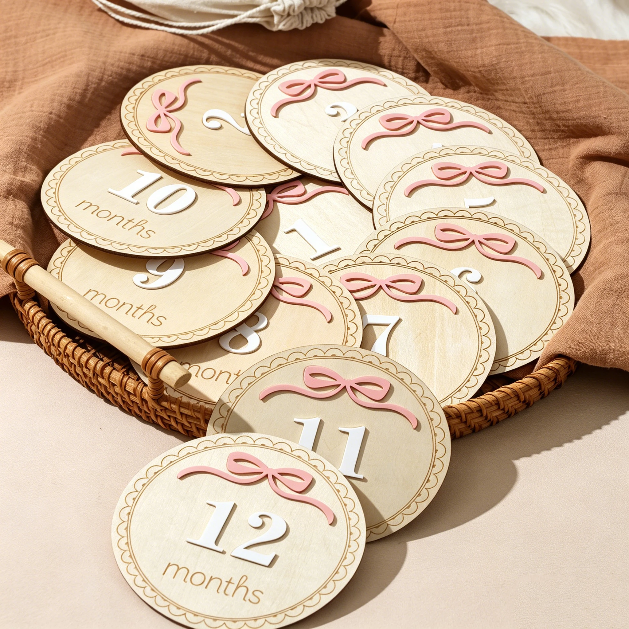 Ylsteed Discos de Madera para Fotografía de Recién Nacidos de 1 a 12 Meses, con Lazo Rosa, Tarjetas de Recuerdo con Fotos Grabadas en 3D, Regalo para Baby Shower -HD
