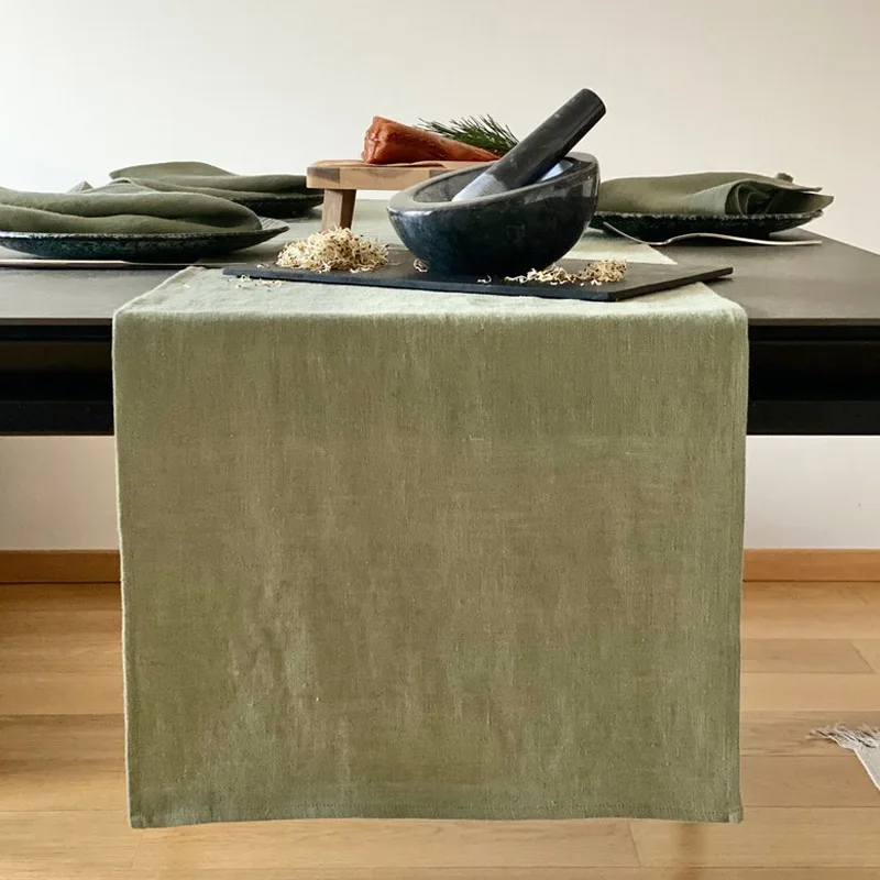 Camino de mesa de lavado de piedra 100% de lino francés, camino de mesa de té de Color puro personalizado de lujo, accesorios de decoración de mesa de comedor occidental