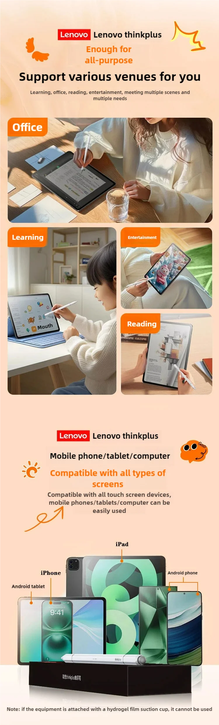 Lenovo Stylus Three Pen, Lápiz Táctil con Tres Puntas para Pantallas Táctiles de Android, iOS, Tabletas y Teléfonos, iPad Universal, No Necesita Carga
