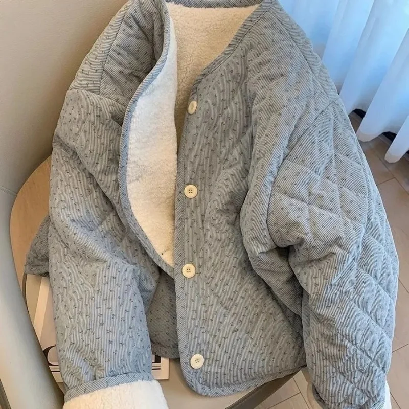 Chaqueta elegante de pana floral para mujer, top coreano de algodón de manga larga con cuello redondo y corte holgado, chaqueta cálida y versátil para otoño e invierno