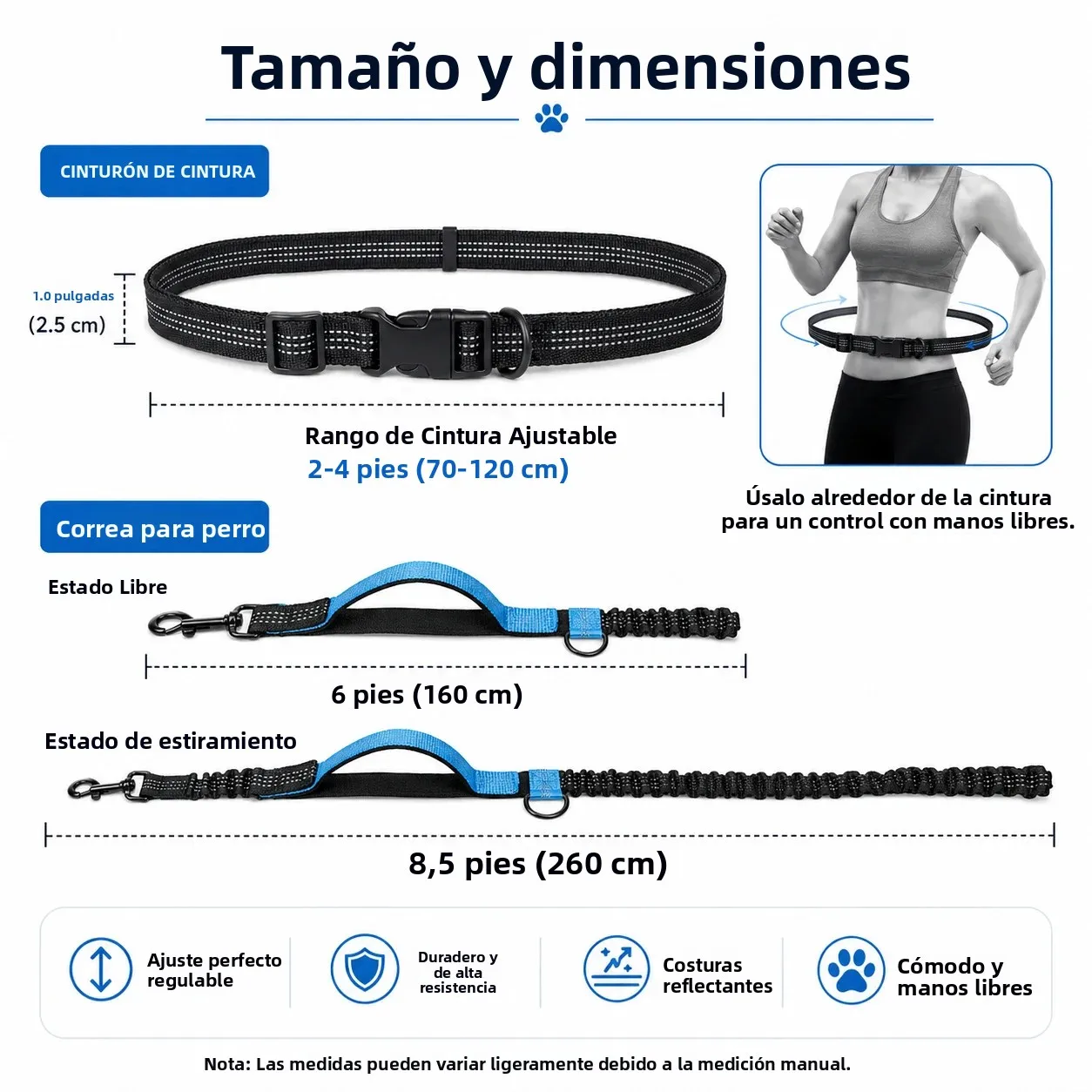 Correa retráctil para mascotas para correr, correa reflectante retráctil para perros con cuerda ajustable para la cintura para correr al aire libre