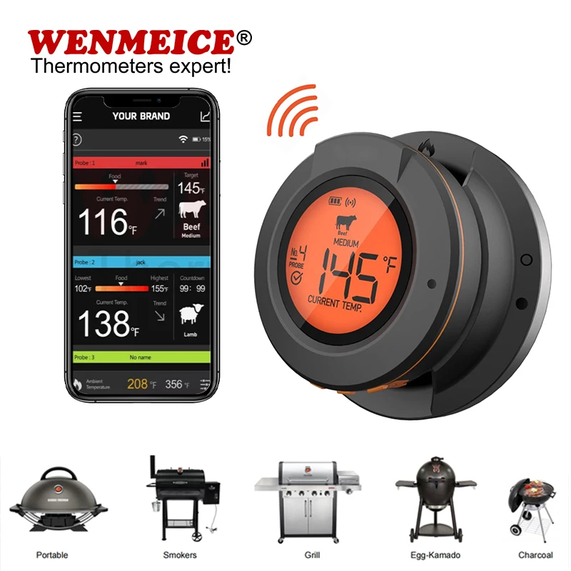 WENMEICE Termómetro inalámbrico Bluetooth para carne y barbacoa, para horno, parrilla, ahumador, barbacoa, cocina digital inteligente, accesorios y herramientas de cocina.