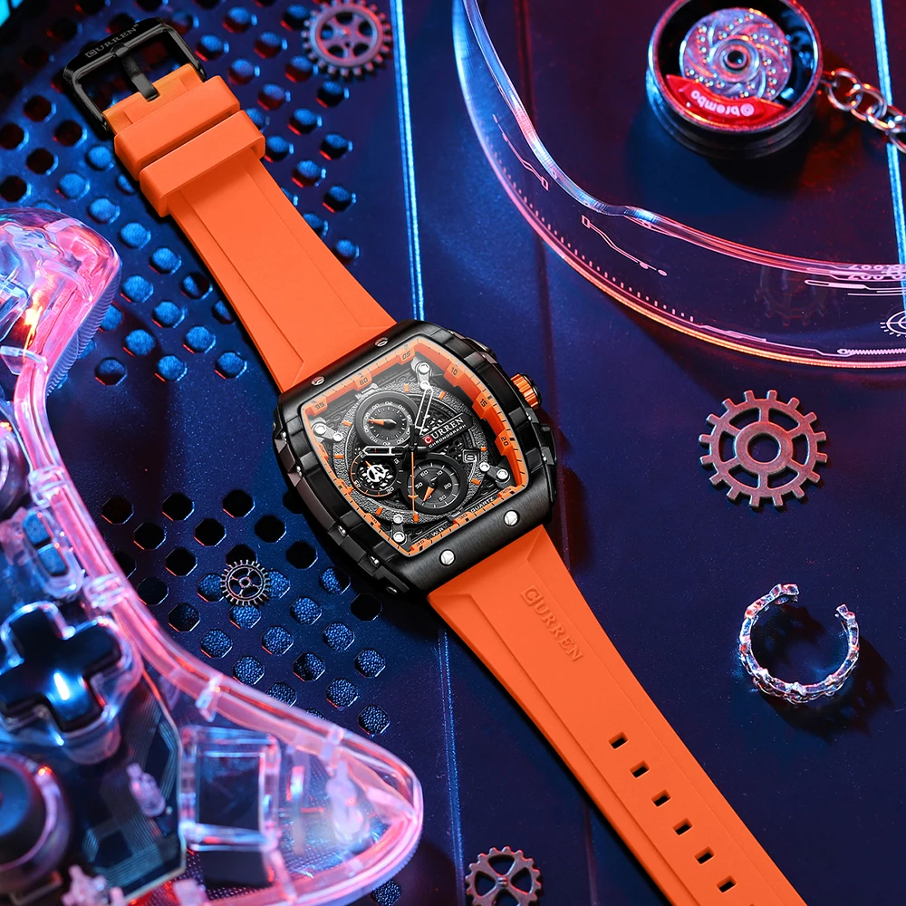 Reloj deportivo CURREN Tonneau con esfera para hombre, reloj de pulsera de cuarzo resistente al agua con fecha automática, correa de silicona amarilla luminosa