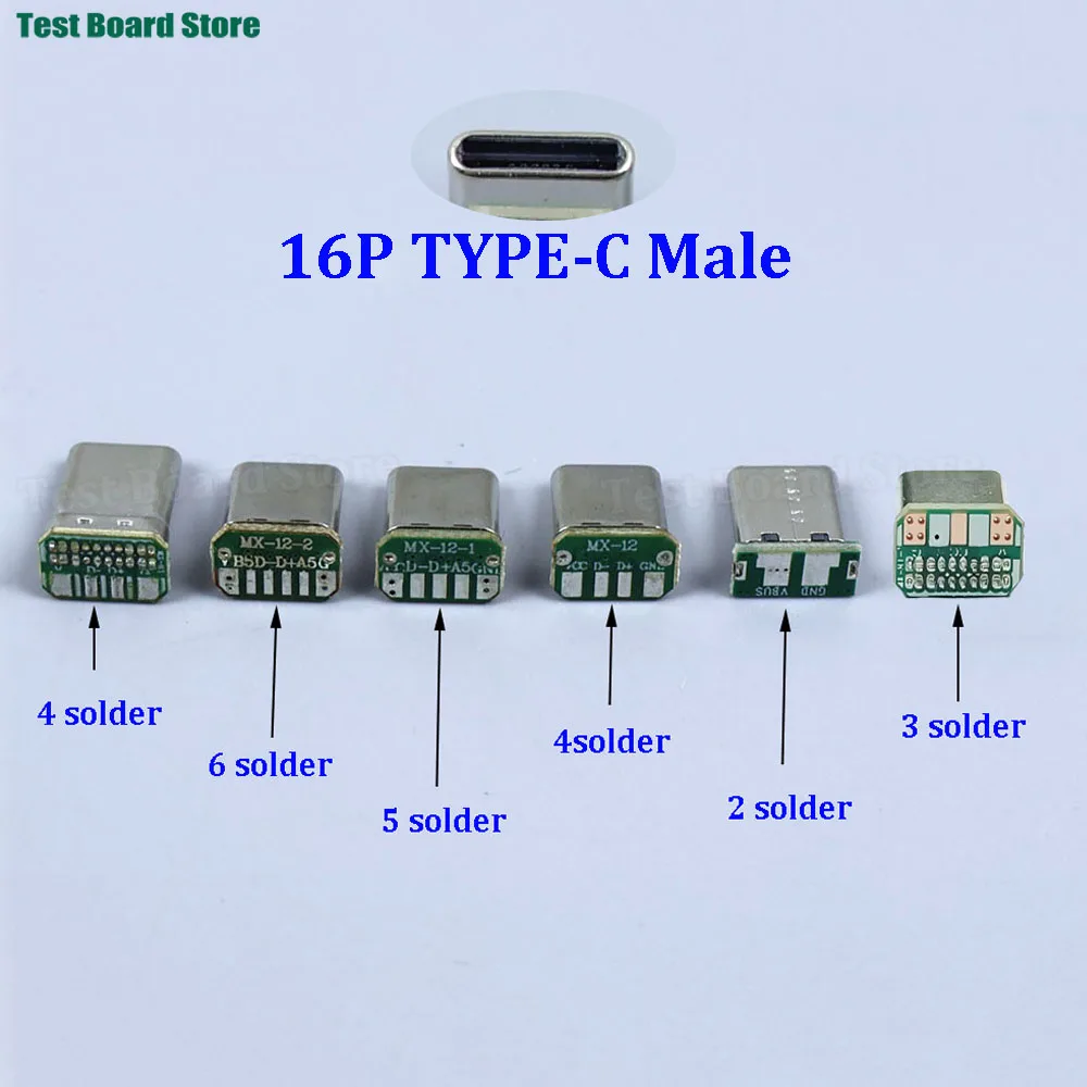 2/5/10PCS Conector USB Tipo-C Macho de 16 Pines Vertical para Carga y Datos con Placa PCB de Soldadura 2/3/4/5/6, Cabeza Macho USB C de 16 Pines