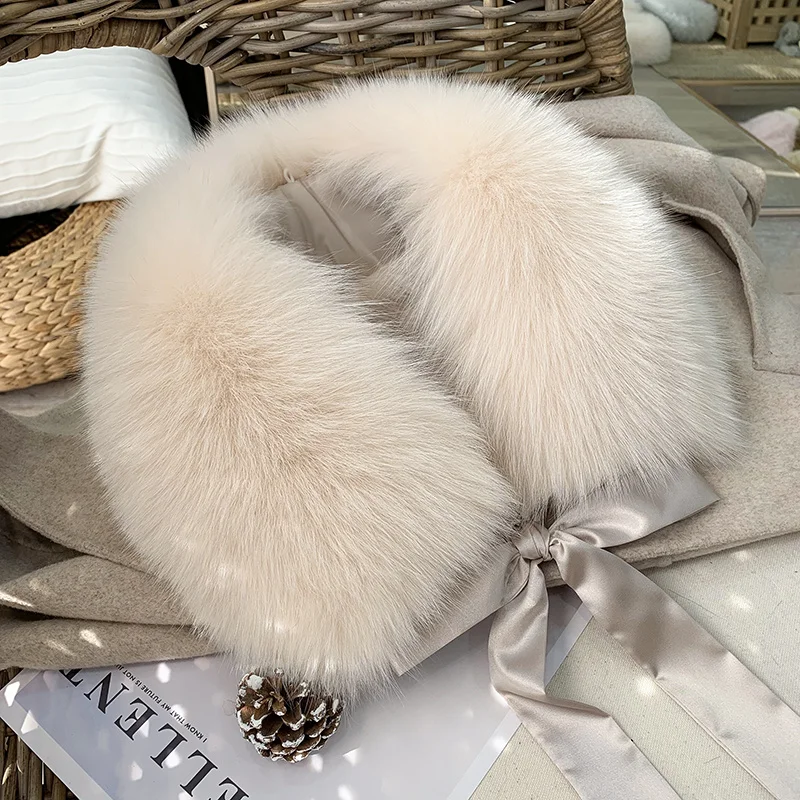 Cuello de piel de zorro Real con cinta, bufanda de piel de 100% para invierno para mujer, capuchas de piel Natural para abrigo, chaqueta, cuello extraíble cálido a la moda