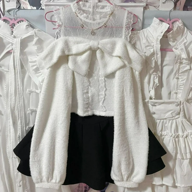 Suéteres de punto estilo Lolita japonesa para mujer, dulces, con encaje, hombros descubiertos, manga larga, estilo Y2K, top holgado para otoño