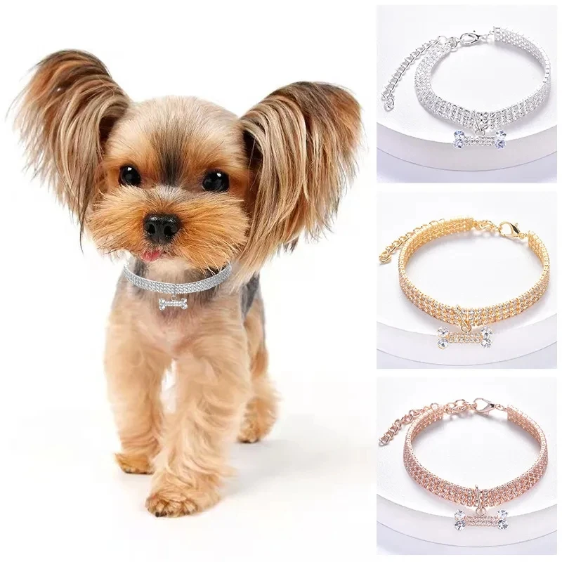 Collar ajustable para mascotas, Collar de cristal para perros y gatos, colgante de hueso con diamantes de imitación, accesorios para vestir de belleza a la moda para cachorros