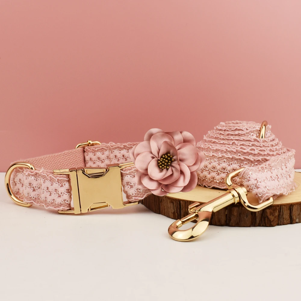 Collar de encaje rosa para perro, placa con nombre grabada personalizada, collar de boda para mascotas, arnés para perros, accesorios para perros, encaje de lujo 03