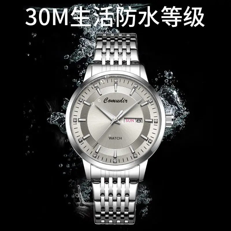 Reloj de hombre plateado no mecánico con correa de acero, diseño hueco, resistente al agua, luminiscente en la oscuridad, con doble calendario y noctilucente.