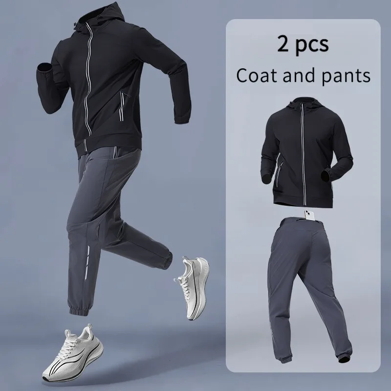 Conjunto de ropa deportiva para hombre con capucha, equipo de entrenamiento, chaqueta y pantalones transpirables, traje de Fitness para ropa de ejercicio cómoda